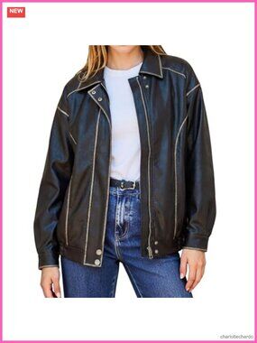 Oversized Faux Leather Moto Jacket Casual Biker Coat Zipper Side Pockets